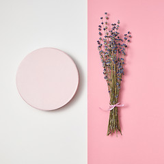 Image showing Organic lavender branch and round board.