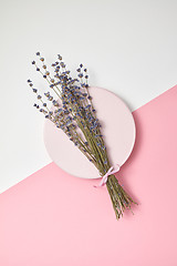 Image showing Greeting card with lavender bouquet on a round plate.