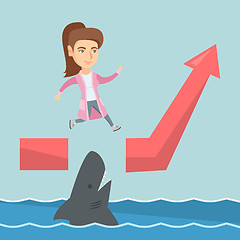 Image showing Business woman jumping over ocean with shark.