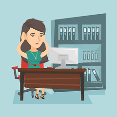 Image showing Tired caucasian office worker clasping her head.