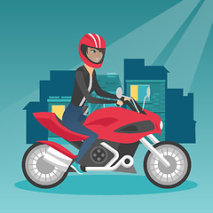 Image showing Young caucasian woman riding a motorcycle at night