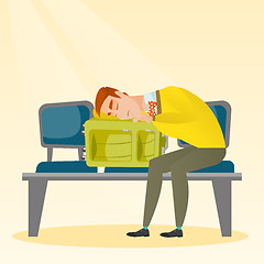 Image showing Exhausted man sleeping on suitcase at the airport.