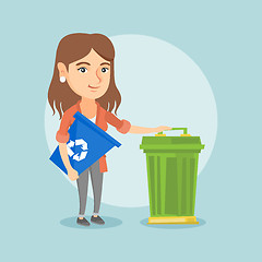 Image showing Caucasian woman with recycle bin and trash can.