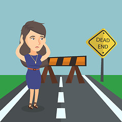 Image showing Businesswoman looking at road sign dead end.