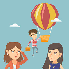 Image showing Hardworking employee flying away on a balloon.