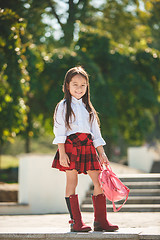 Image showing Beautiful little girl with backpack walking in the park ready back to school