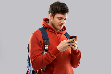 Image showing man or student with smartphone and school bag