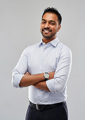 Image showing happy indian businessman in shirt over grey