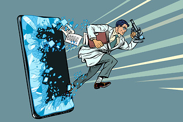 Image showing a male scientist with a microscope. Phone gadget smartphone. Online Internet application service program