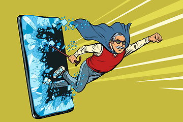 Image showing Online service for pensioners concept. Old man punches the screen of the smartphone