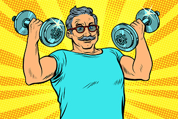 Image showing elderly man lifts dumbbells, fitness sport