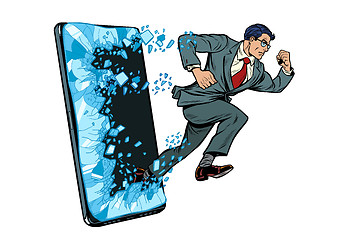 Image showing businessman punches the screen Phone gadget smartphone. Online Internet application service program