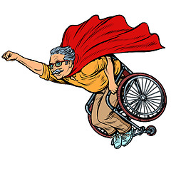 Image showing man retired superhero disabled in a wheelchair. Health and longevity of older people