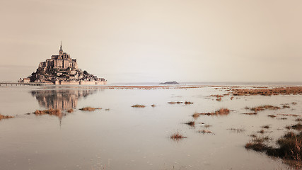 Image showing Mont-Saint-Michel reflecting, sepia effect