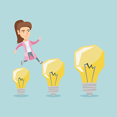 Image showing Caucasian business woman jumping on light bulbs.