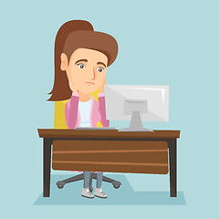 Image showing Exhausted caucasian employee working in office.