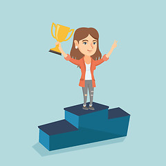 Image showing Woman standing on a pedestal with business award.