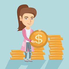 Image showing Young successful business woman with dollar coin.