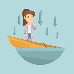 Image showing Caucasian business woman standing in sinking boat.