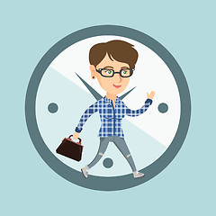 Image showing Caucasian employee running on clock background.