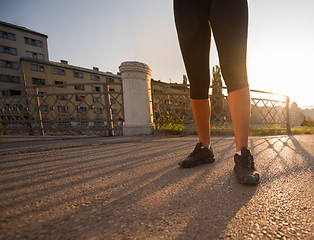 Image showing portrait of a jogging woman at sunny morning