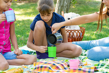 Image showing At a picnic, a girl pours tea in glasses for children