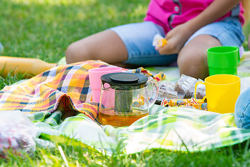 Image showing Picnic on the lawn in a city park, teapot close-up