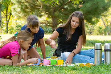 Image showing Family on a picnic, girl pours tea in glasses, children watch