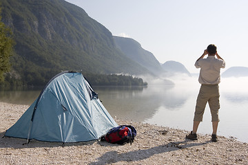 Image showing Camping at a mountain lake