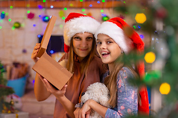 Image showing Hilarious mom and girl open new year box