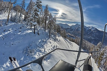 Image showing Ski resort in the mountains, ski lift ascend