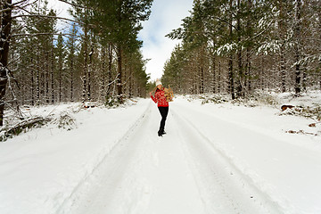 Image showing festive woman holding Christmas tree and toy outside in the snow