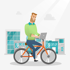 Image showing Businessman riding a bicycle with a laptop.