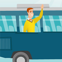 Image showing Young caucasian man waving hand from bus window.