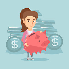 Image showing Caucasian business woman holding big piggy bank.