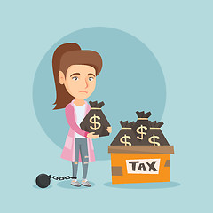 Image showing Chained business woman with bags full of taxes.