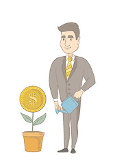 Image showing Young caucasian businessman watering money flower.