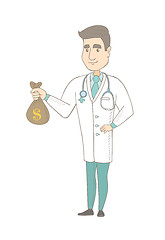 Image showing Young caucasian doctor holding a money bag.