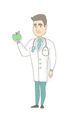 Image showing Caucasian nutritionist offering fresh red apple.