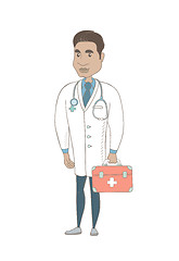 Image showing Young hispanic doctor holding first aid box.