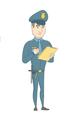 Image showing Young policeman in uniform writing on clipboard.