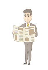 Image showing Young caucasian businessman reading newspaper.