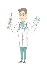 Image showing Otolaryngologist holding thermometer and pills.