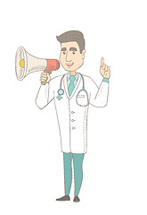 Image showing Young caucasian doctor talking into loudspeaker.