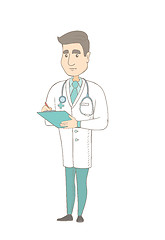 Image showing Caucasian doctor holding clipboard with documents.