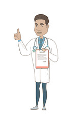 Image showing Hispanic doctor with clipboard giving thumb up.