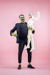 Image showing Halloween Family. Happy Father and Children Girl in Halloween Costume and Makeup