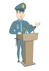 Image showing Young policeman giving a speech from the tribune.