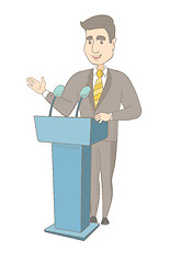 Image showing Caucasian politician giving a speech from tribune.