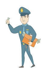 Image showing Caucasian policeman with briefcase full of money.
